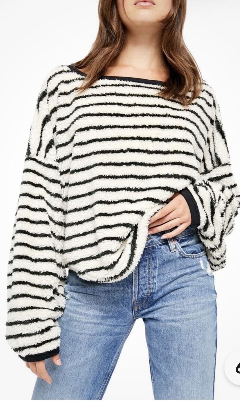 Free Peple Breton Sz S Striped LS Faux Sherpa Cozy Cropped Sweater